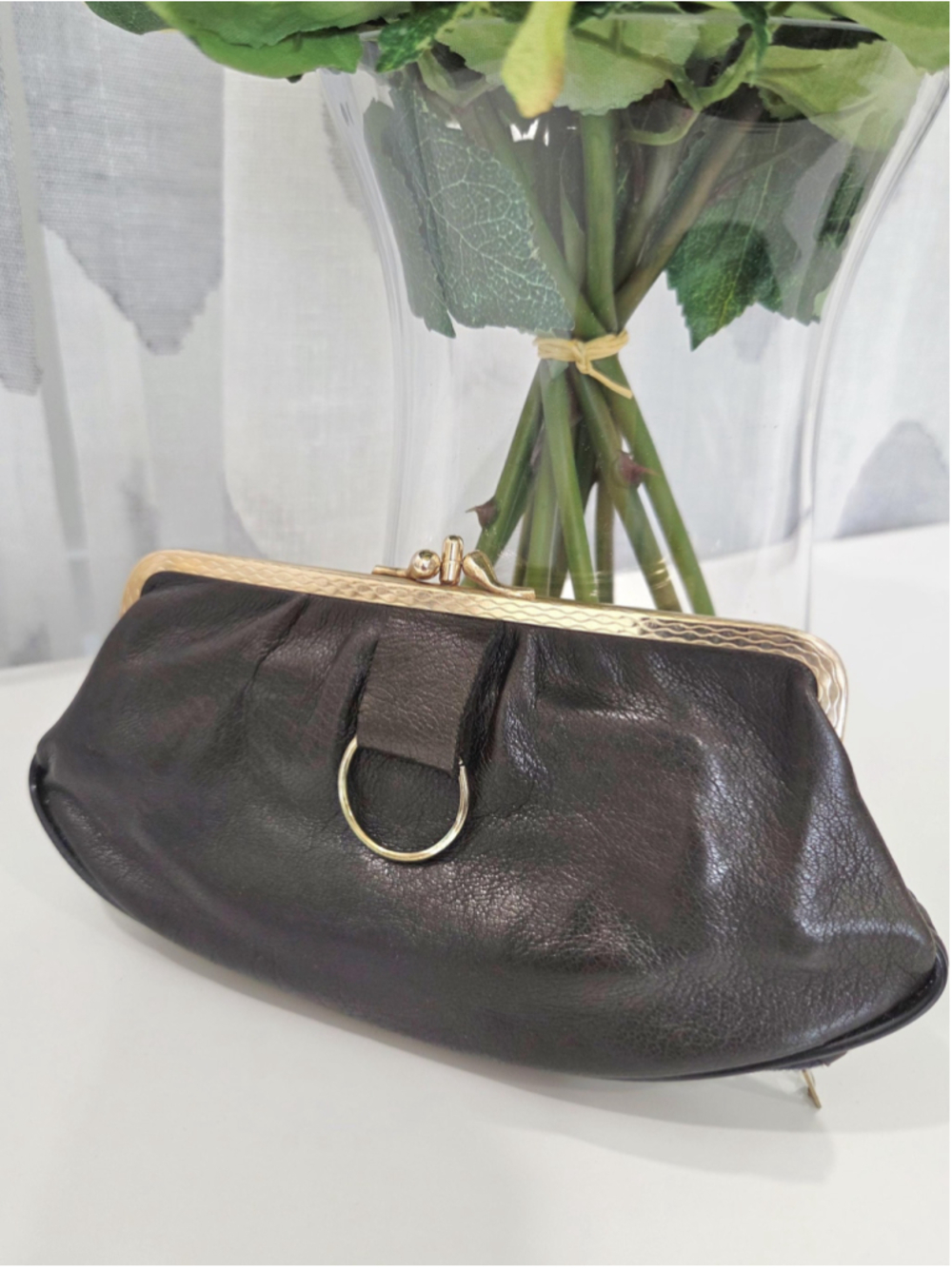 Vintage kid leather coin purse, mid-century dark brown wallet, 60s–70s
